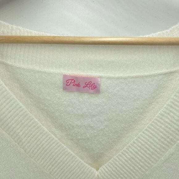 Pink Lily striped Pullover Sweater Long Sleeve V Neck Color Block Beige Large NW - Picture 7 of 10